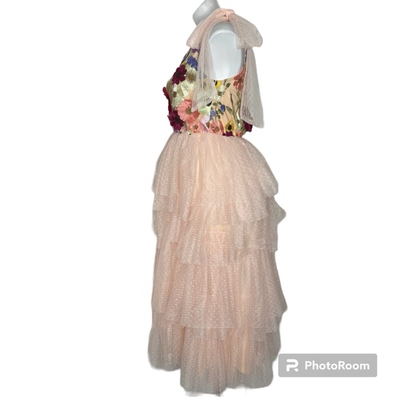 Just Me Floral Appliqué Tiered Dress One Shoulder Peach Pink M Tee Length Prom - Picture 3 of 12